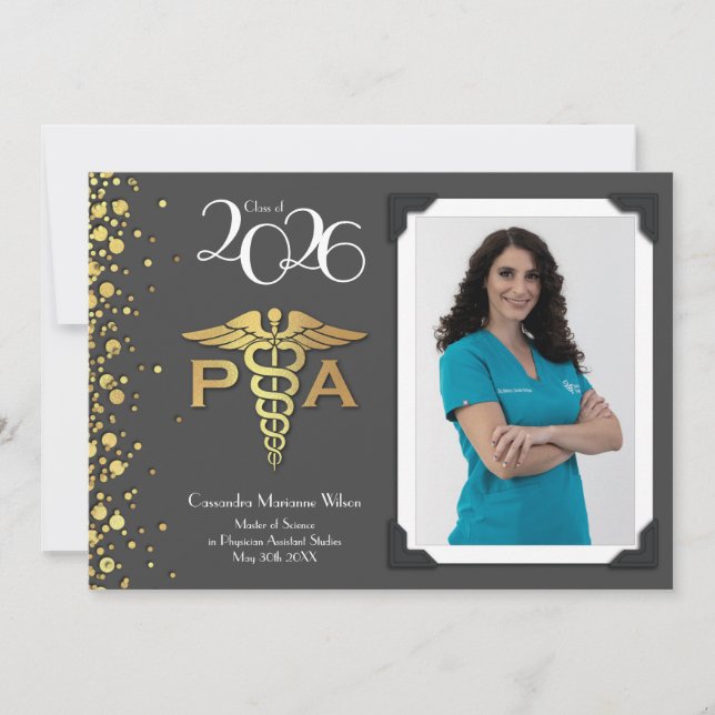 Physician Assistant PA Graduation Grey Gold Invitation (Front)