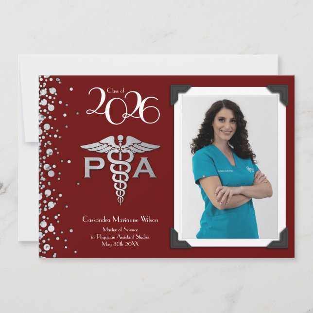 Physician Assistant PA Graduation Maroon Silver Invitation (Front)