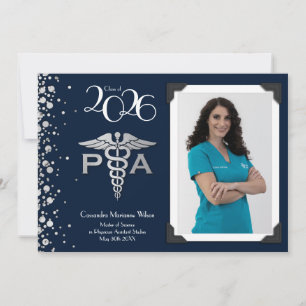 Physician Assistant PA Graduation Navy Blue Silver Invitation
