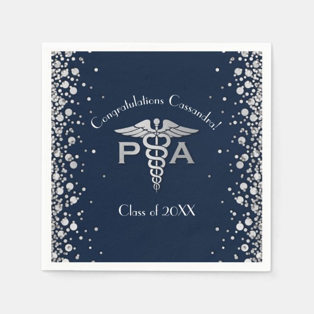 Physician Assistant PA Graduation Navy Blue Silver Napkin (Front)
