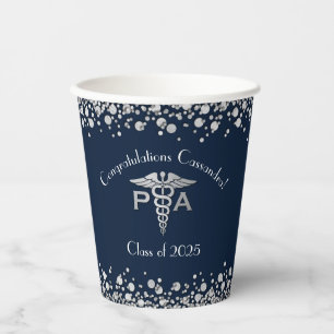 Physician Assistant PA Graduation Navy Blue Silver Paper Cups