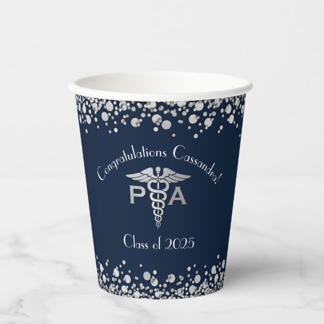 Physician Assistant PA Graduation Navy Blue Silver Paper Cups (Front)