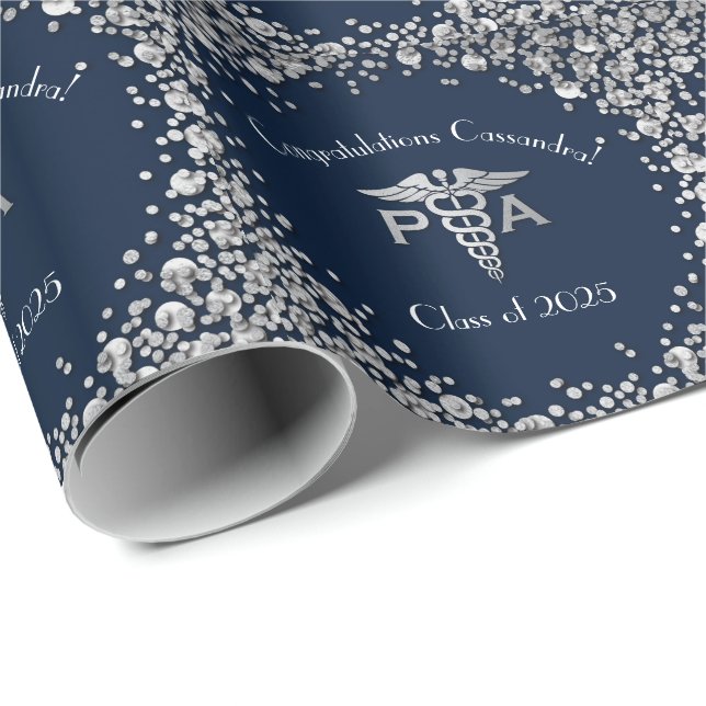 Physician Assistant PA Graduation Navy Blue Silver Wrapping Paper (Roll Corner)