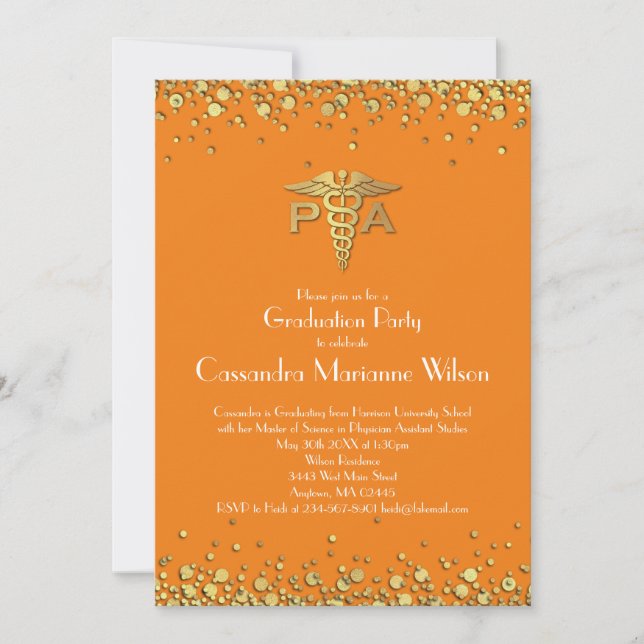 Physician Assistant PA Graduation Orange Gold Invitation (Front)