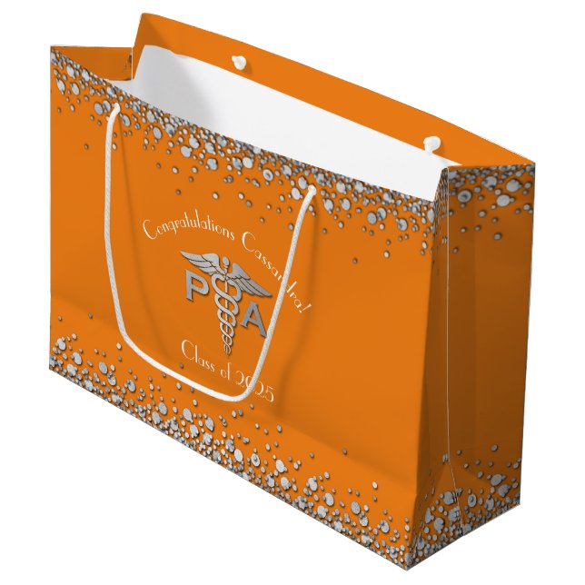 Physician Assistant PA Graduation Orange Silver Large Gift Bag (Front Angled)
