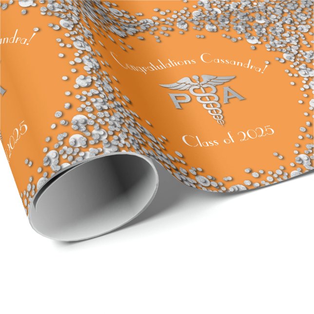 Physician Assistant PA Graduation Orange Silver Wrapping Paper (Roll Corner)