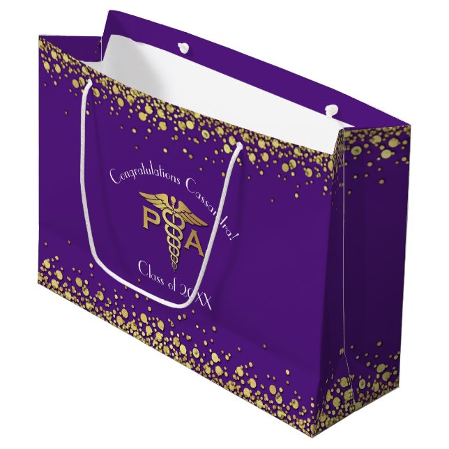 Physician Assistant PA Graduation Purple Gold Large Gift Bag (Front Angled)