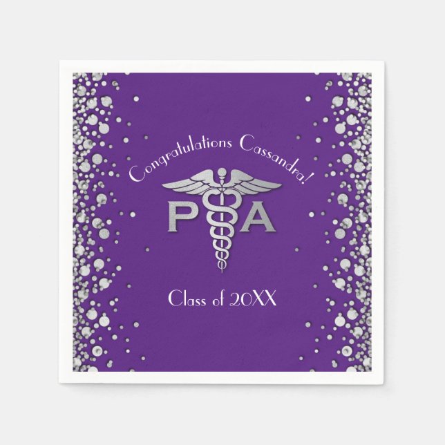 Physician Assistant PA Graduation Purple Silver Napkin (Front)