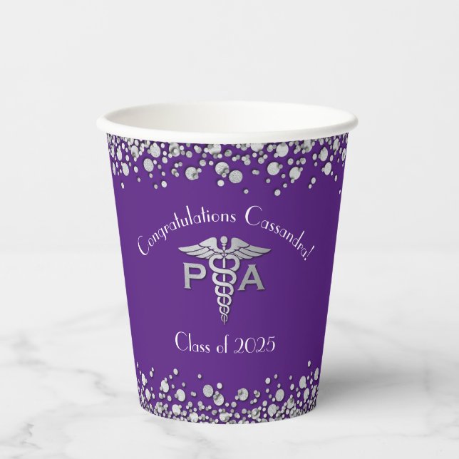 Physician Assistant PA Graduation Purple Silver Paper Cups (Front)