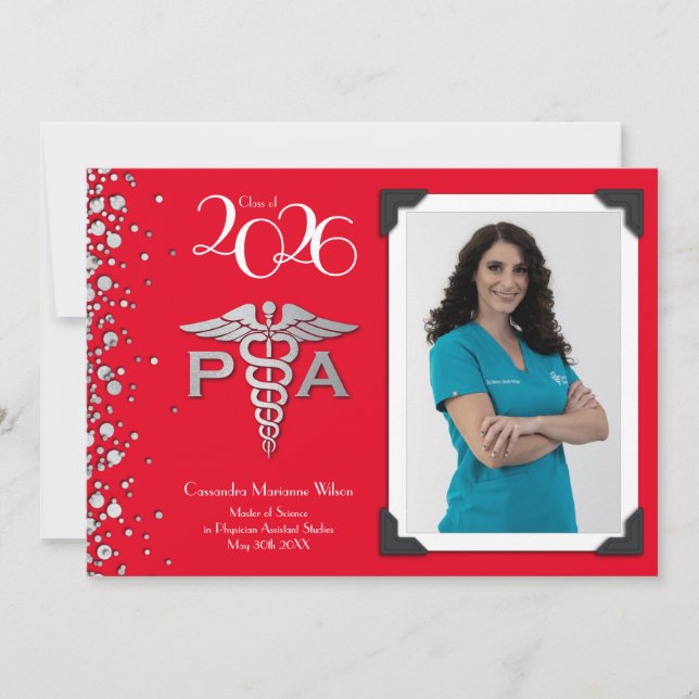 Physician Assistant PA Graduation Red Silver Invitation (Front)