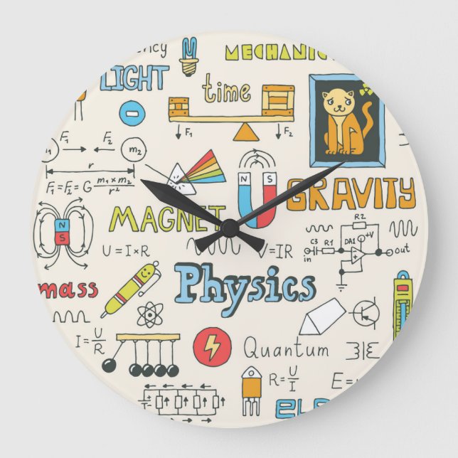 Physics concepts, hand-drawn vintage style. large clock (Front)