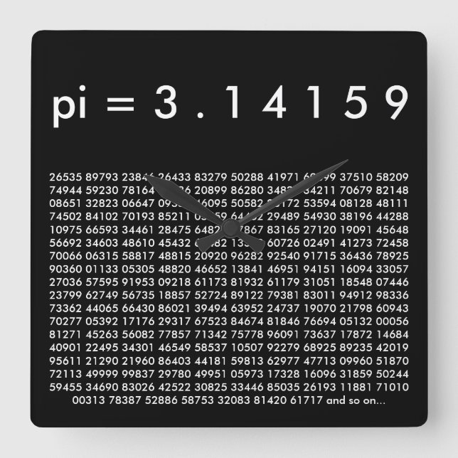 pi= 3.14159 Black White Math Science pi Day Digits Square Wall Clock (Front)
