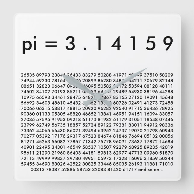 pi= 3.14159 Black White Math Science pi Day Digits Square Wall Clock (Front)