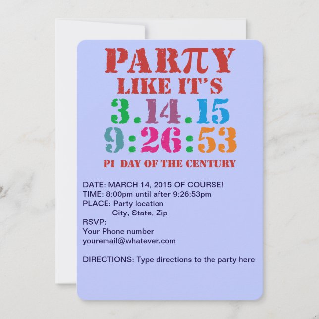 Pi day invitation 2015 party like 3.14.15 9:26:53 (Front)