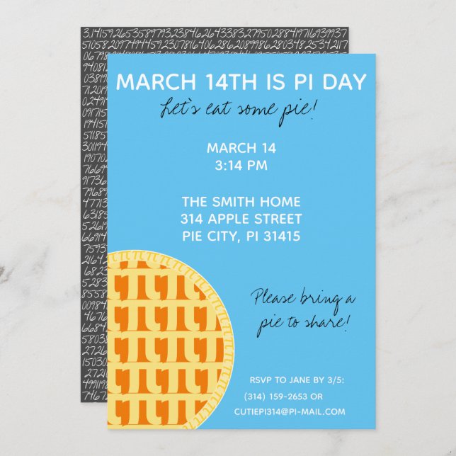Pi Day Party Invitation w/ Pi Digits on Back! (Front/Back)