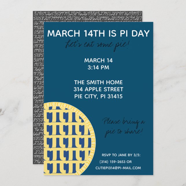 Pi Day Party Invitation w/ Pi Digits on Back! (Front/Back)