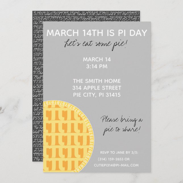 Pi Day Party Invitation w/ Pi Digits on Back! (Front/Back)
