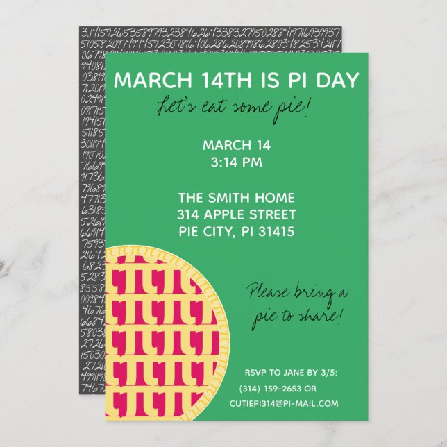 Pi Day Party Invitation w/ Pi Digits on Back! (Front/Back)