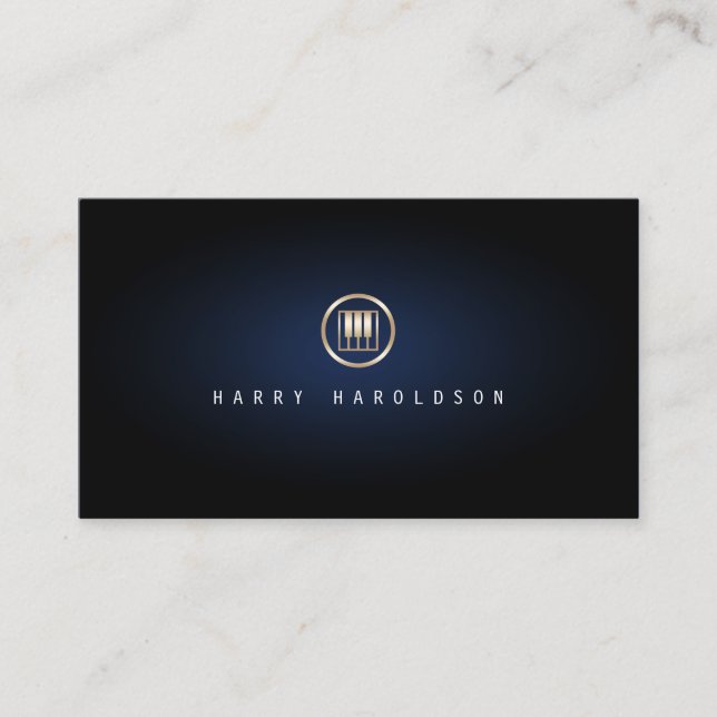 Pianist Elegant Gold Piano Keys Icon Blue Glow Business Card (Front)