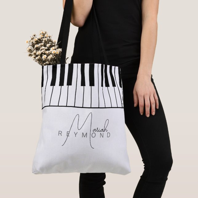 Piano All-Over White Tote Bag with Script Name (Close Up)