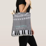 Piano Class Custom Name Tote Bag<br><div class="desc">Elegant rustic wood texture background with string lights. All text is adjustable. Elegant piano keys at bottom of bag.</div>