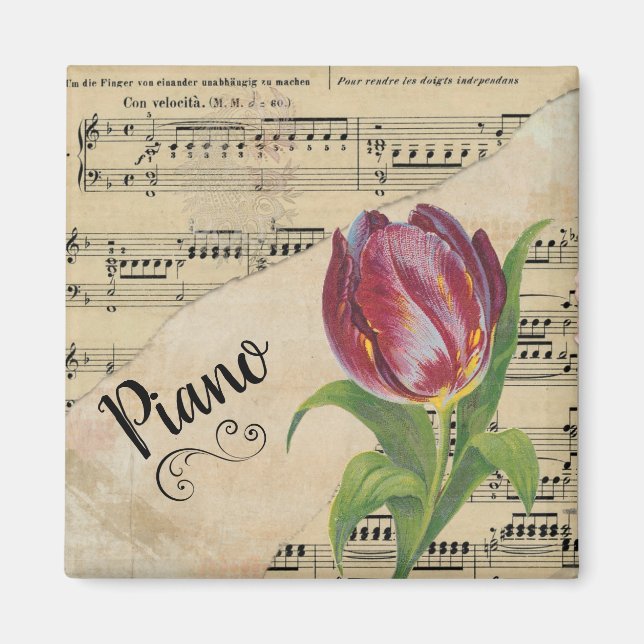 Piano Elegant Tulip Vintage Sheet Music Magnet (Front)