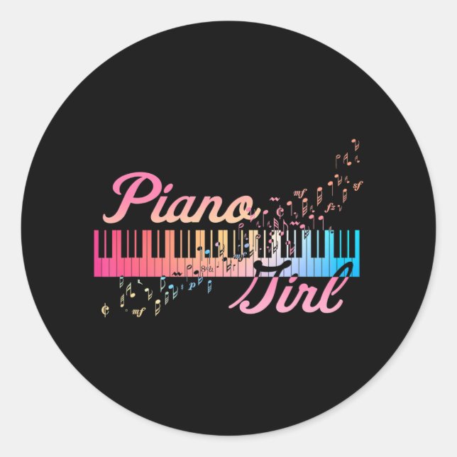 Piano Girl Colourful Keyboard Musical Notes Cute Classic Round Sticker (Front)