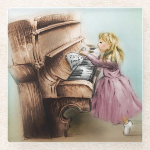 Piano Girl Glass Coaster, Elegant Vintage Art Coaster