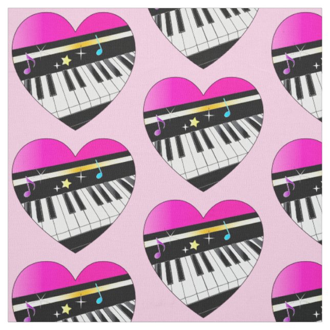 Piano in a Heart with Notes and Stars Fabric (Swatch)