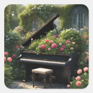 Piano in Bloom- garden painting Square Sticker
