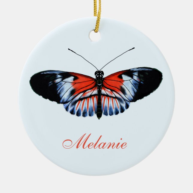 Piano Key Butterfly Black, Red & Blue Painting Ceramic Tree Decoration (Front)
