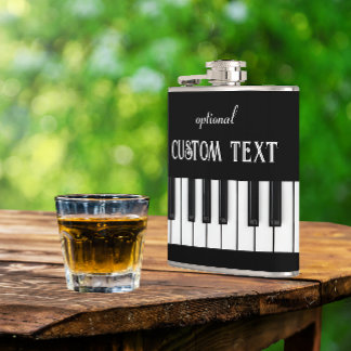 Piano Keyboard and customisable text black & white Hip Flask