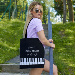 Piano keyboard and customisable text black & white tote bag