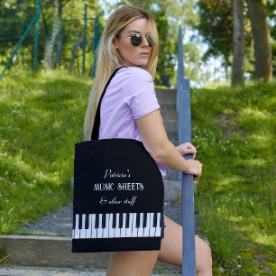Piano keyboard and customisable text black & white tote bag