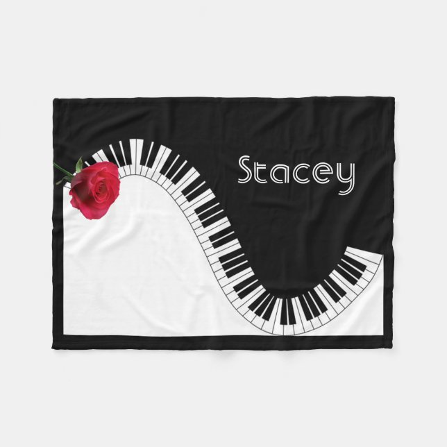 Piano Keyboard and Elegant Red Rose Fleece Blanket (Front (Horizontal))