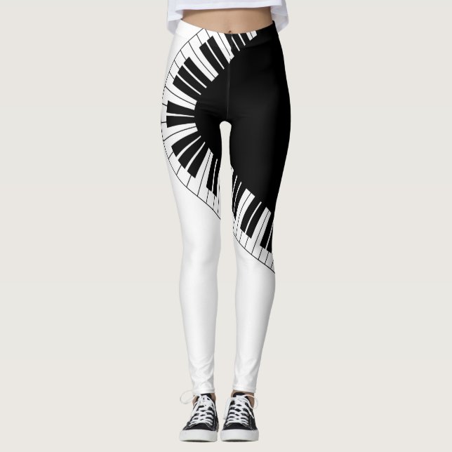 Piano Keyboard Black and White Music Design Leggings (Front)