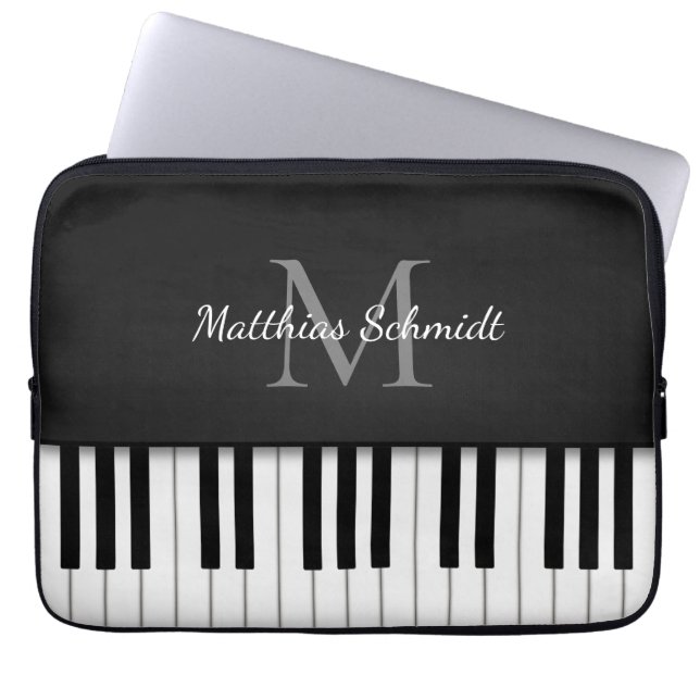 Piano Keyboard Monogrammed Personalised Black Laptop Sleeve (Front)