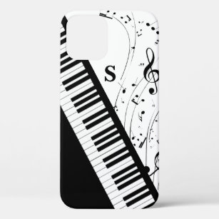 Piano Keyboard Music Notes Monogram Black White iPhone 12 Case