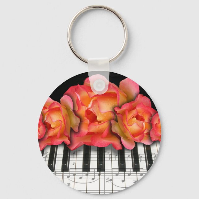 Piano Keyboard Roses and Music Notes Key Ring (Front)