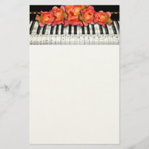 Piano Keyboard Roses and Music Notes Stationery