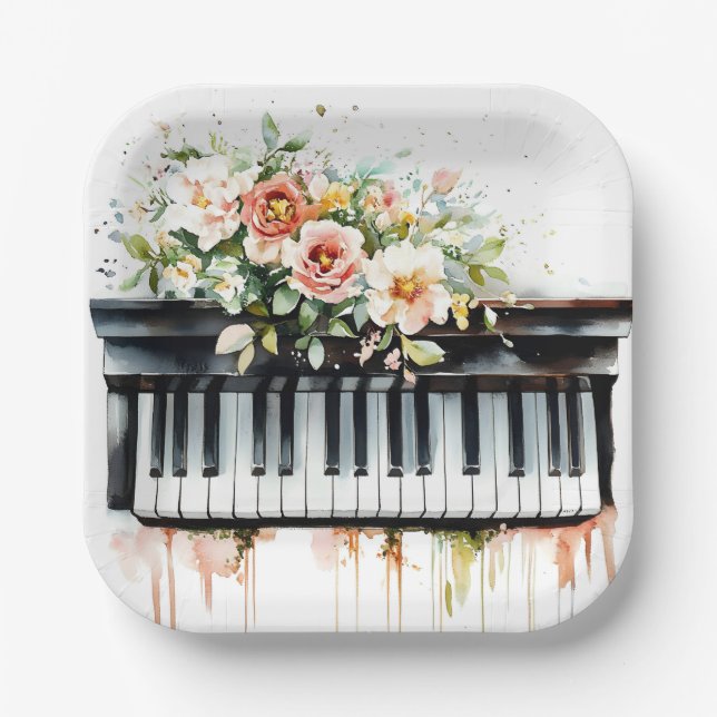 Piano Keys and Flowers #2 Paper Plates (Front)