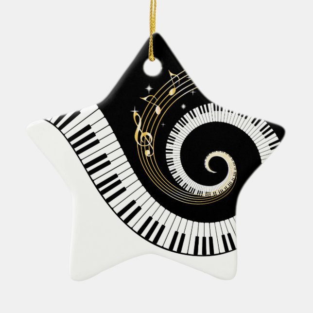 Piano Keys and Gold Music Notes Ceramic Tree Decoration (Front)