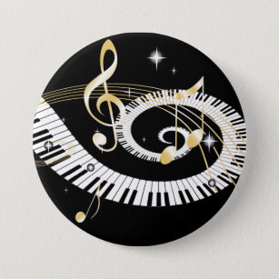 Piano Keys and Golden Music Notes 7.5 Cm Round Badge