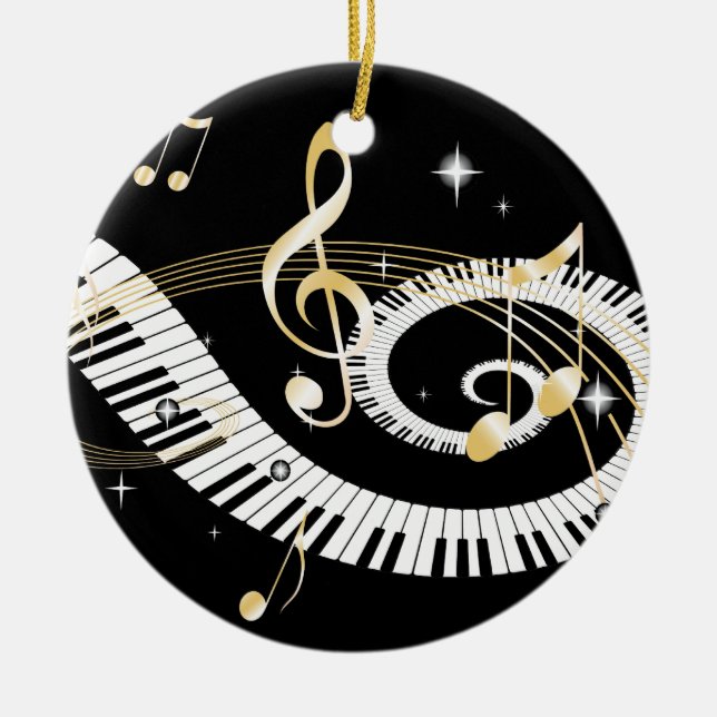 Piano Keys and Golden Music Notes Ceramic Tree Decoration (Front)