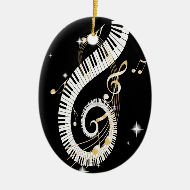 Piano Keys and Golden Music Notes Ceramic Tree Decoration (Front)