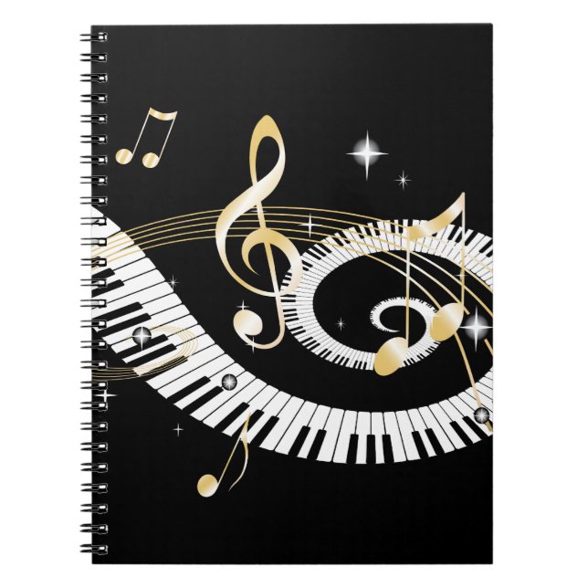 Piano Keys and Golden Music Notes Spiral Notebook (Front)