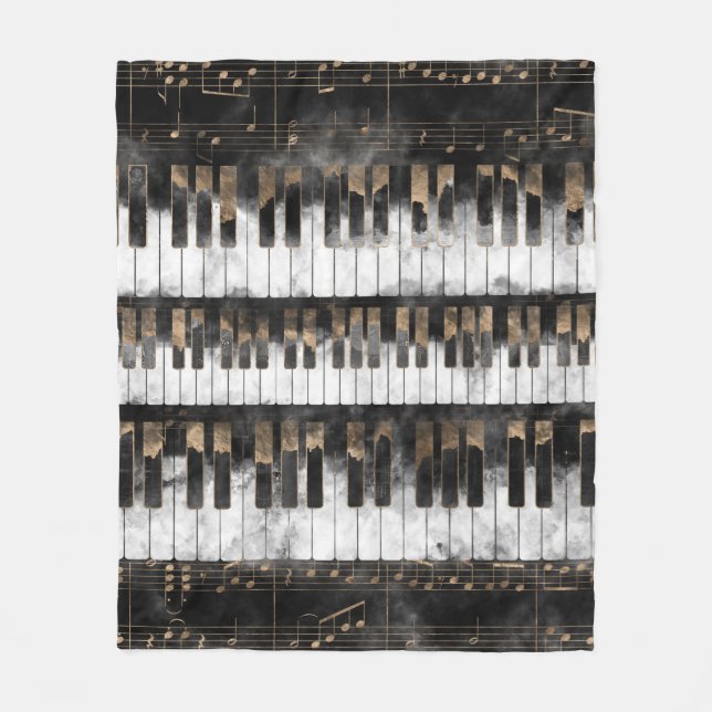Piano keys and Notes - Watercolor and gold Fleece Blanket (Front)