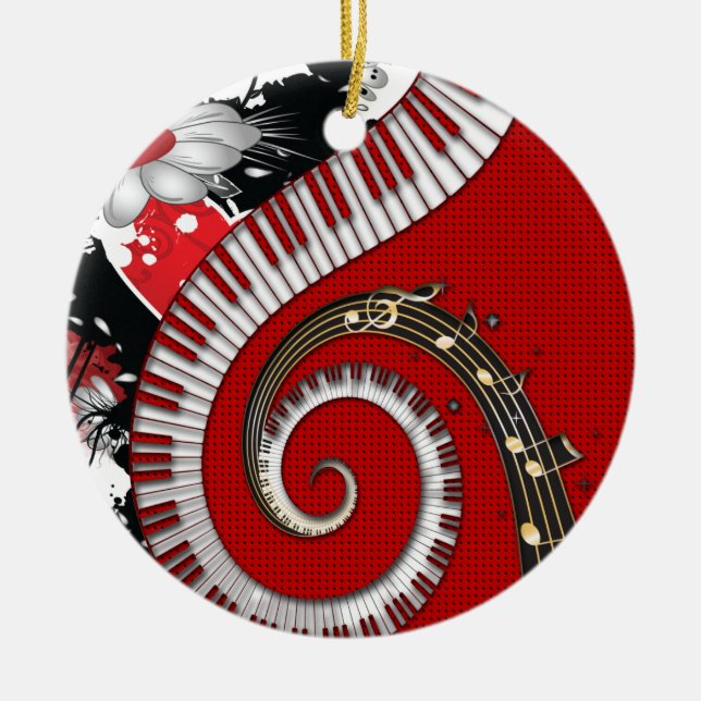 Piano Keys Music Notes Grunge Floral Swirls Ceramic Tree Decoration (Front)