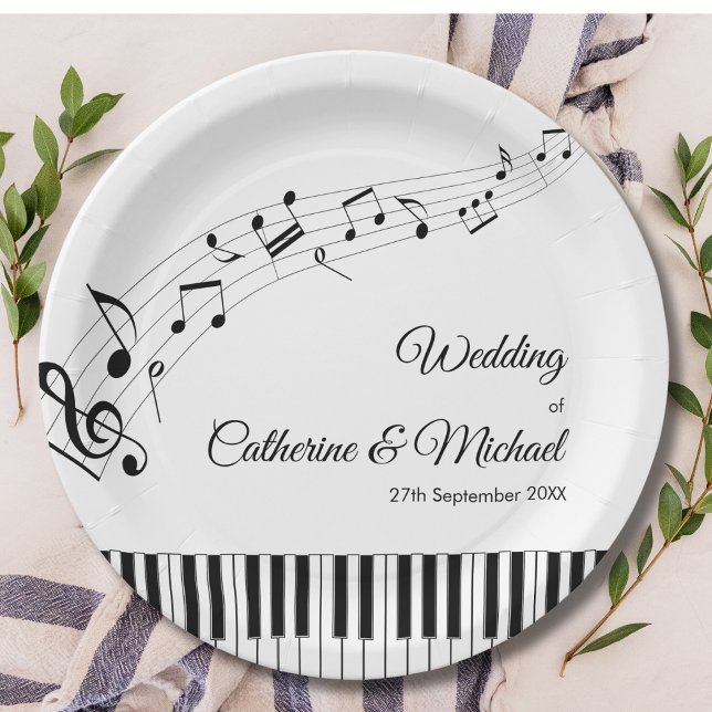 Piano Keys Musical Notes Black & White Wedding Paper Plate (Creator Uploaded)