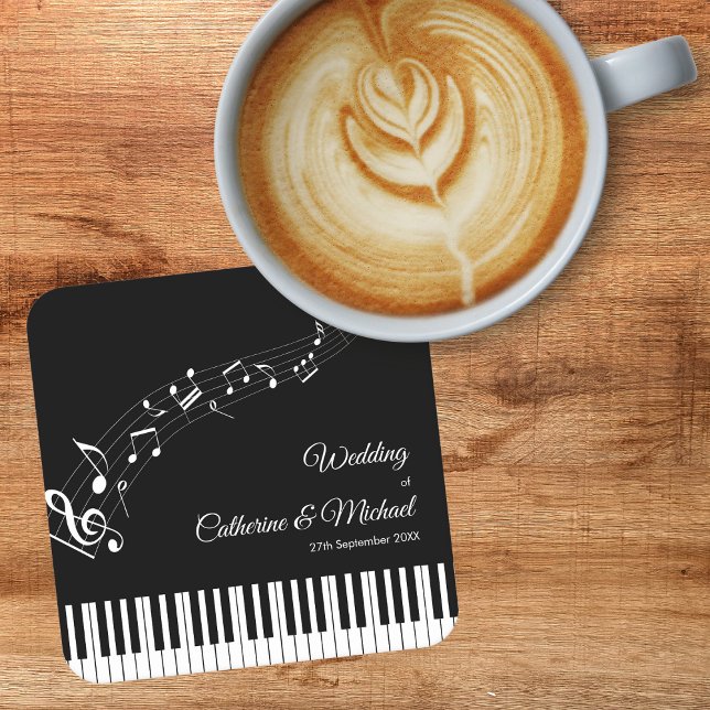 Piano Keys Musical Notes Black & White Wedding Square Paper Coaster (Creator Uploaded)